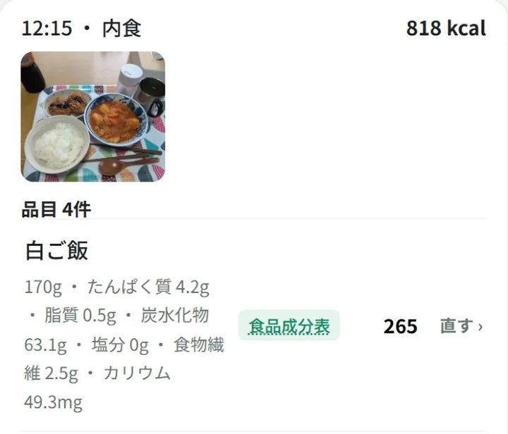 食事の詳細の画面